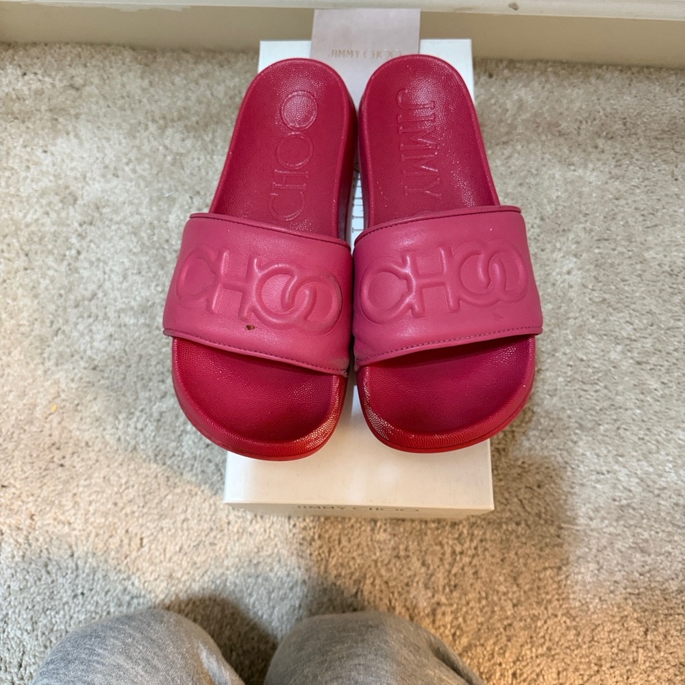 Jimmy Choo Fuchsia Slide Sandals with Embossed Logo